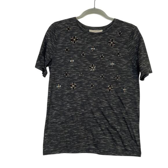 Loft Womens Beaded Short Sleeve Heather Black T-Shirt Tee Sz Medium Preppy Twee - Picture 1 of 6